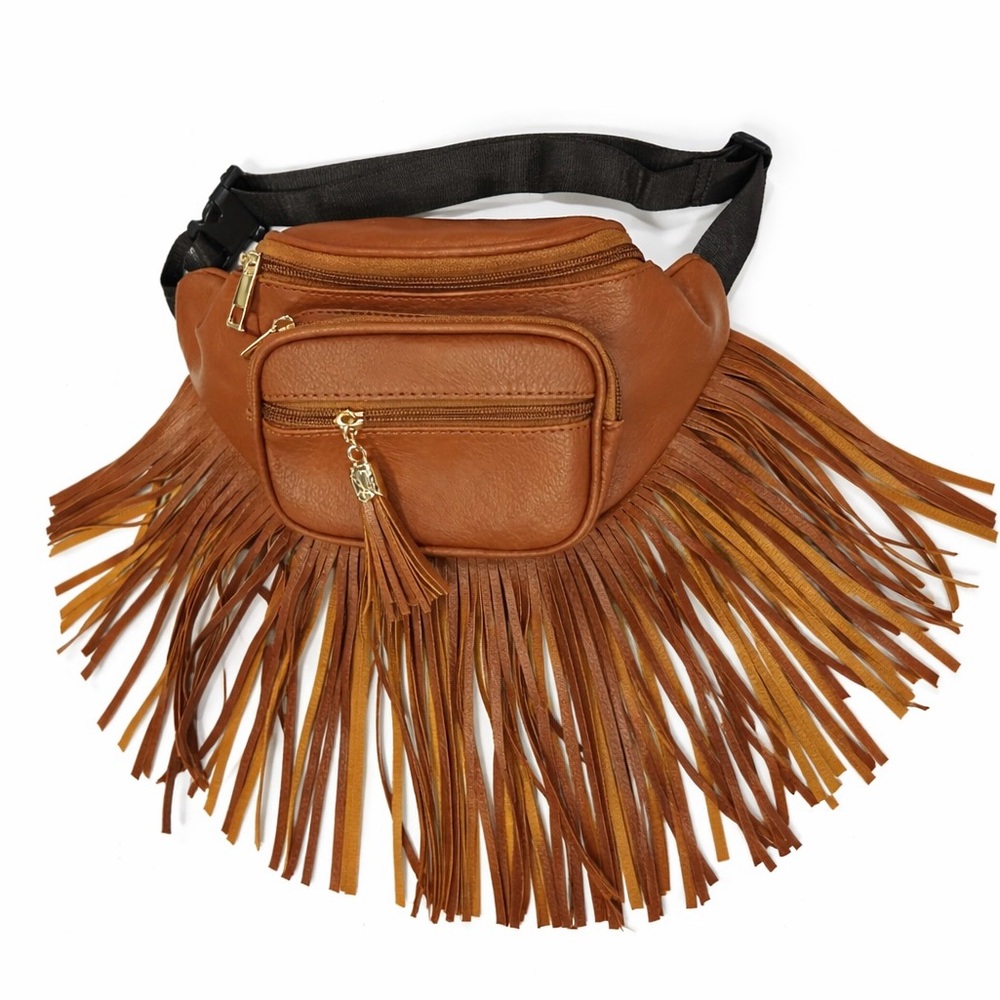 Boho Fringe Belt Bag Brown Faux Leather Fanny Pack | Festival Western Crossbody